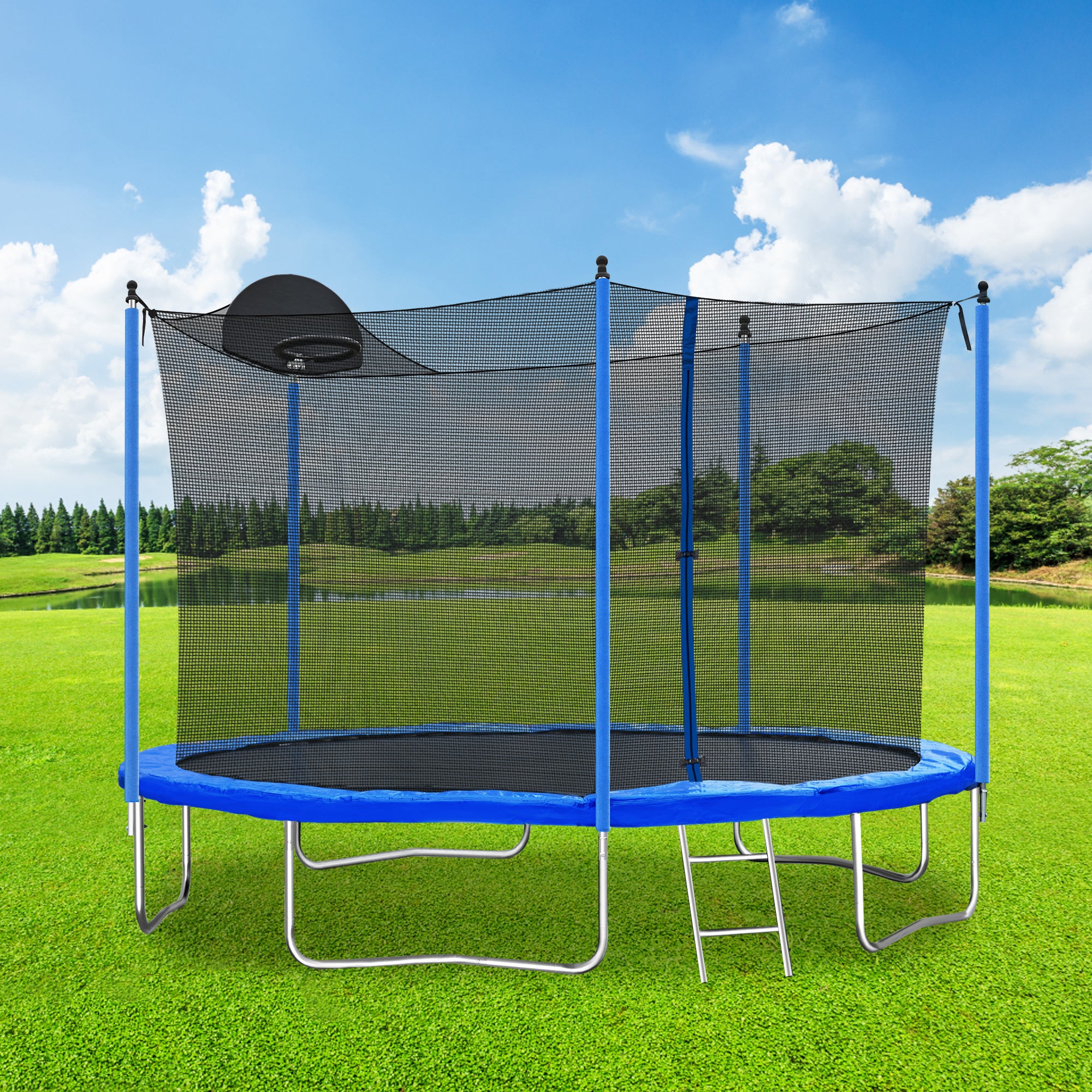Outdoor trampoline safety enclosure net — angle view