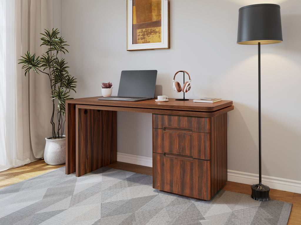 Walnut executive desk dual-user extended desktop layout