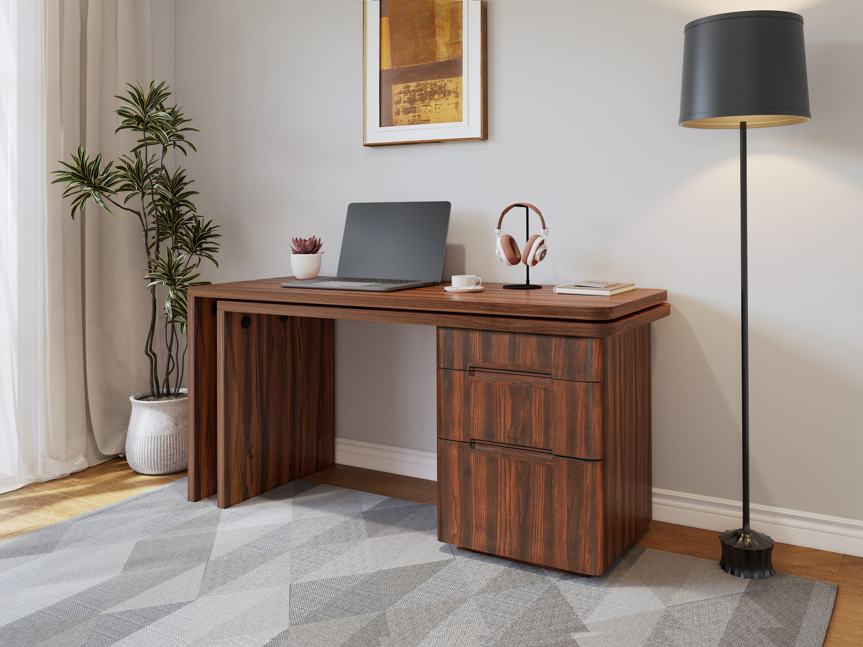 Walnut executive desk dual-user extended desktop layout