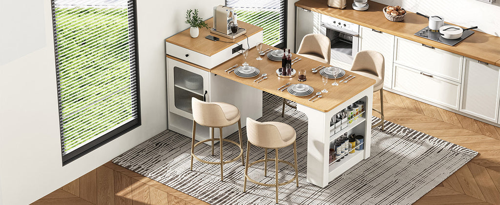 K&K 59.5' Kitchen Island with Extendable Dining Table, Kitchen Storage Table with Double-sided Storage, Kitchen Island with 2 Drawers, Power Outlet, Side Open Shelves, for Kitchen, Dining Room, Black