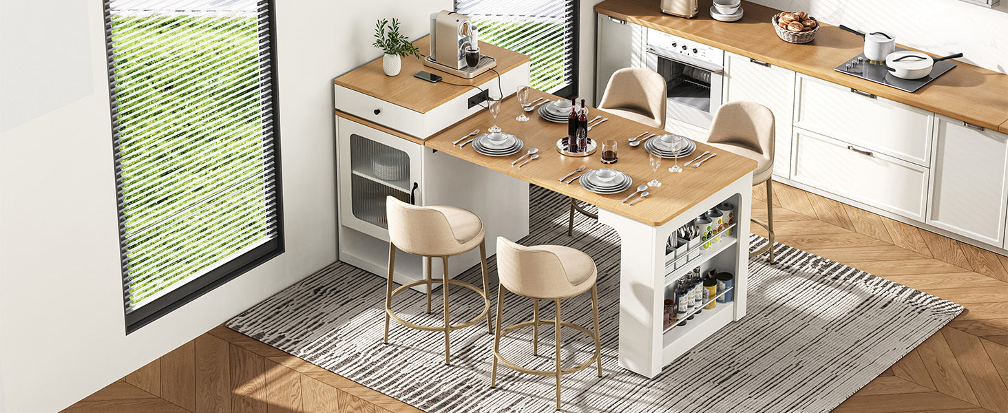 K&K 59.5' Kitchen Island with Extendable Dining Table, Kitchen Storage Table with Double-sided Storage, Kitchen Island with 2 Drawers, Power Outlet, Side Open Shelves, for Kitchen, Dining Room, Black