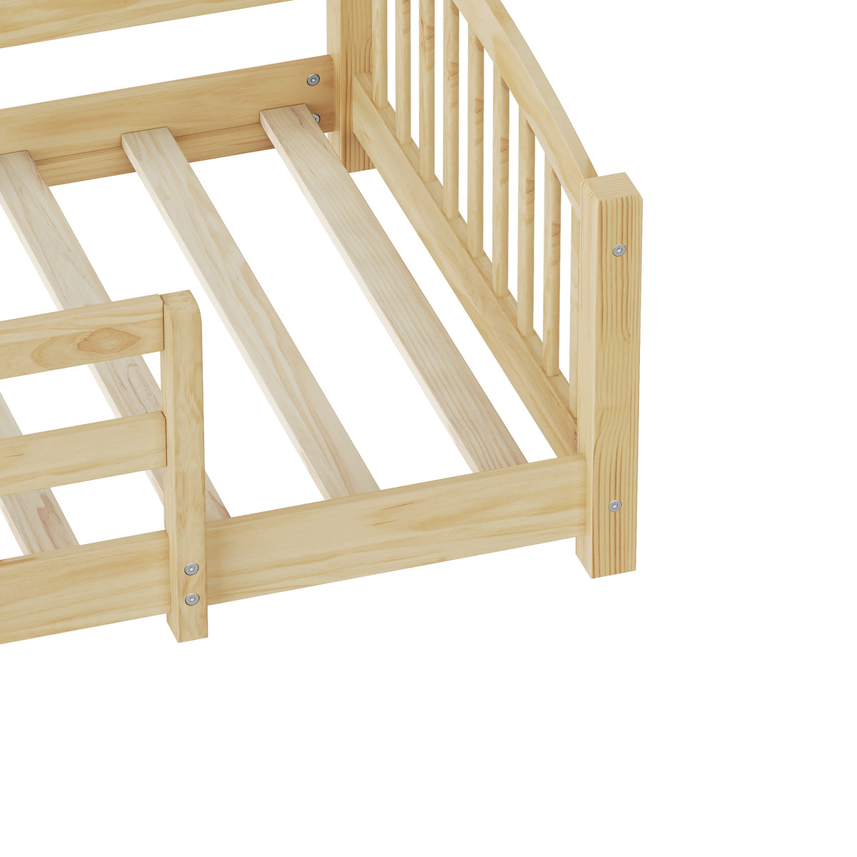 Twin Montessori Floor Bed with Slats and Safety Guardrails, Solid Wood Floor Bed with Fence and Without Door, Easy Assemble Montessori Bed for Girls and Boys, Gray