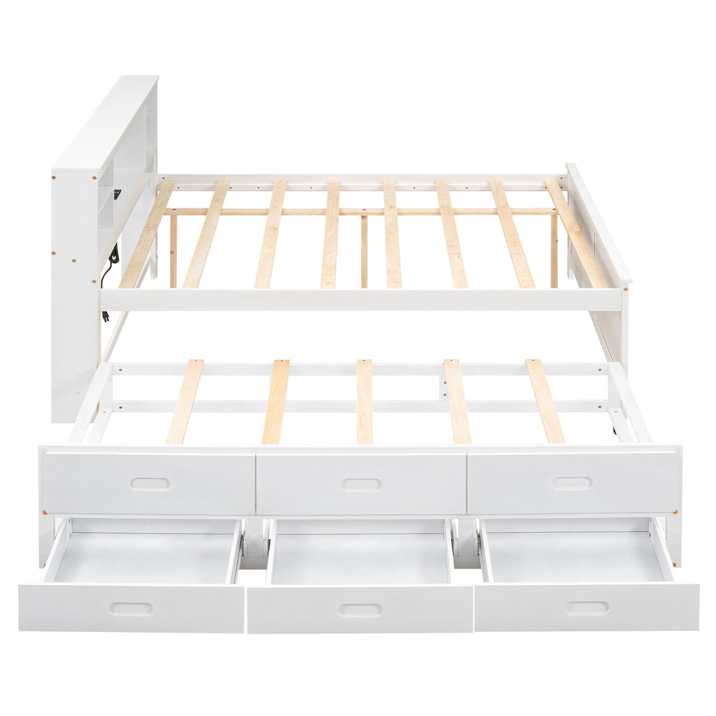 White full size platform bed with storage and trundle — product photo