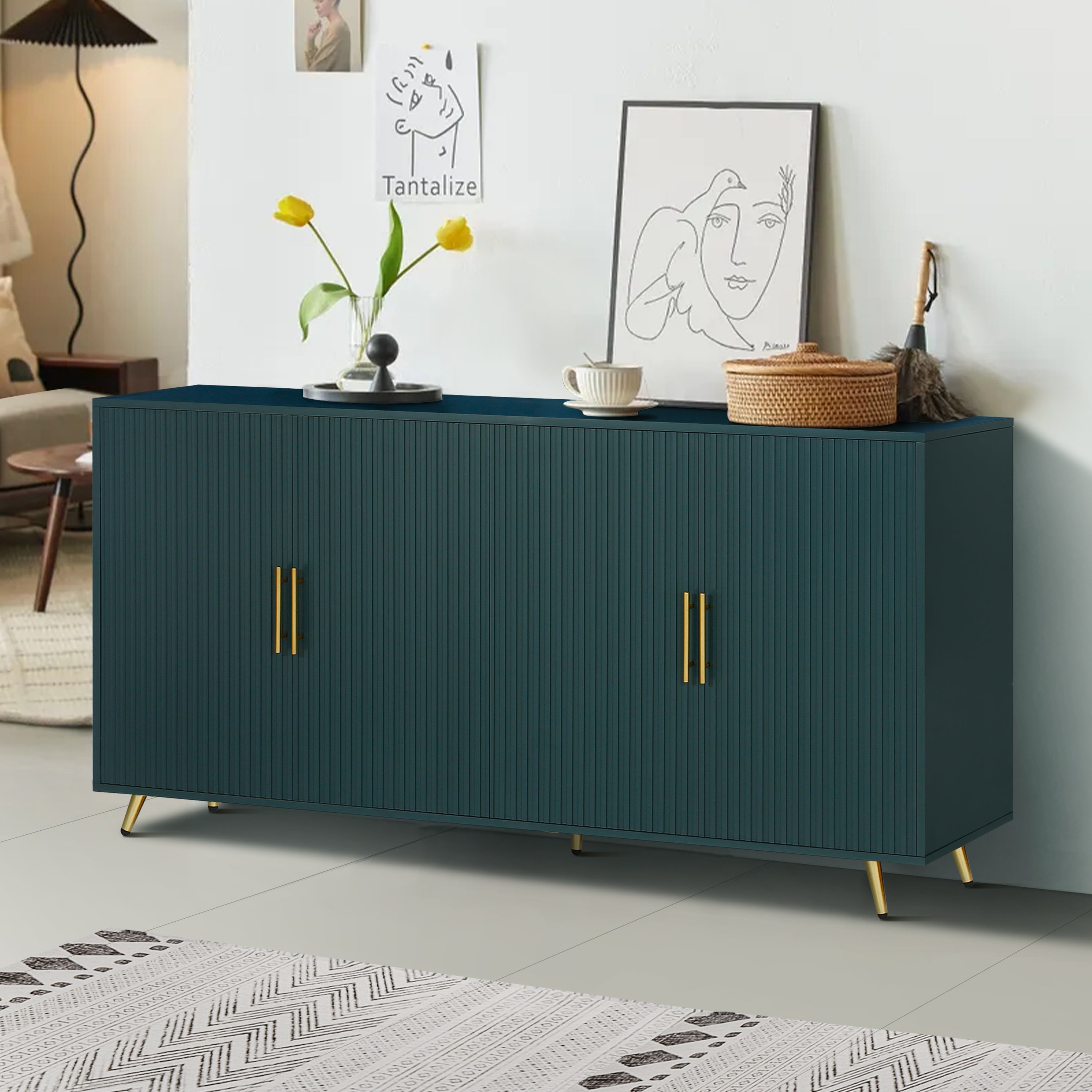 Navy blue wood TV stand with storage cabinet — front view