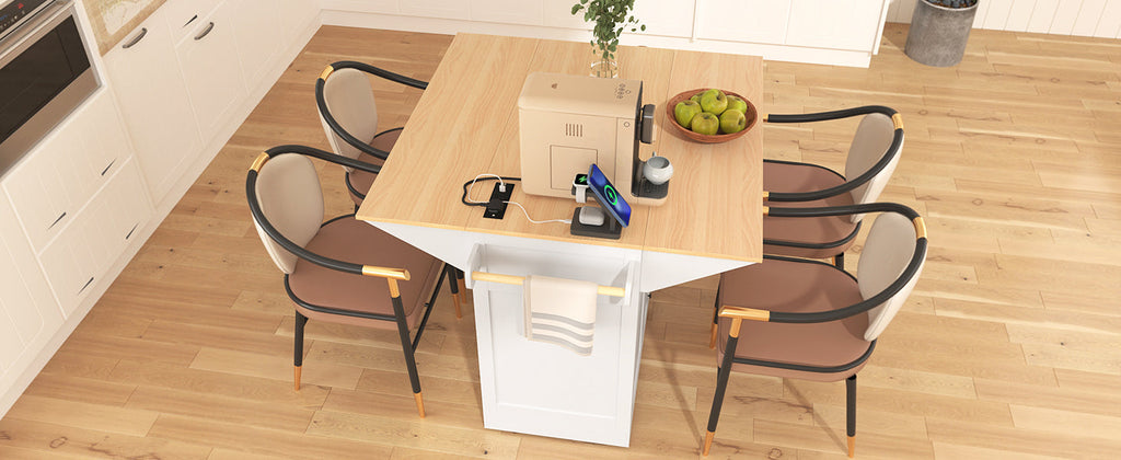 K&K 55.7'' Large Kitchen Island with 2 Drop Leaf,, Rolling Kitchen Cart on 5 Wheels with Power Outlet, Folding Storage Dining Table with Spice & Towel Rack , 3 Drawers, for Kitchen, Dining Room,Black