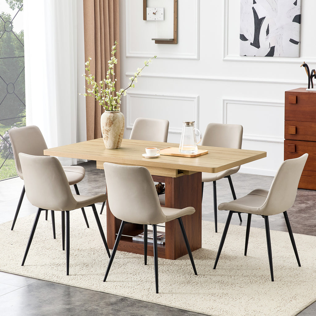 Scalable dining table and chair set, 59-71 inch pull-out table,6-piece set of Warm Gray Artificial PU Chairs With Curved Widened Cushion Design. Suitable for dining rooms,office,etc.
