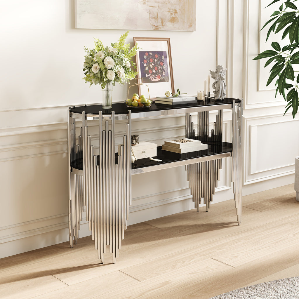 Silver oval console table with black tempered glass shelves — front view