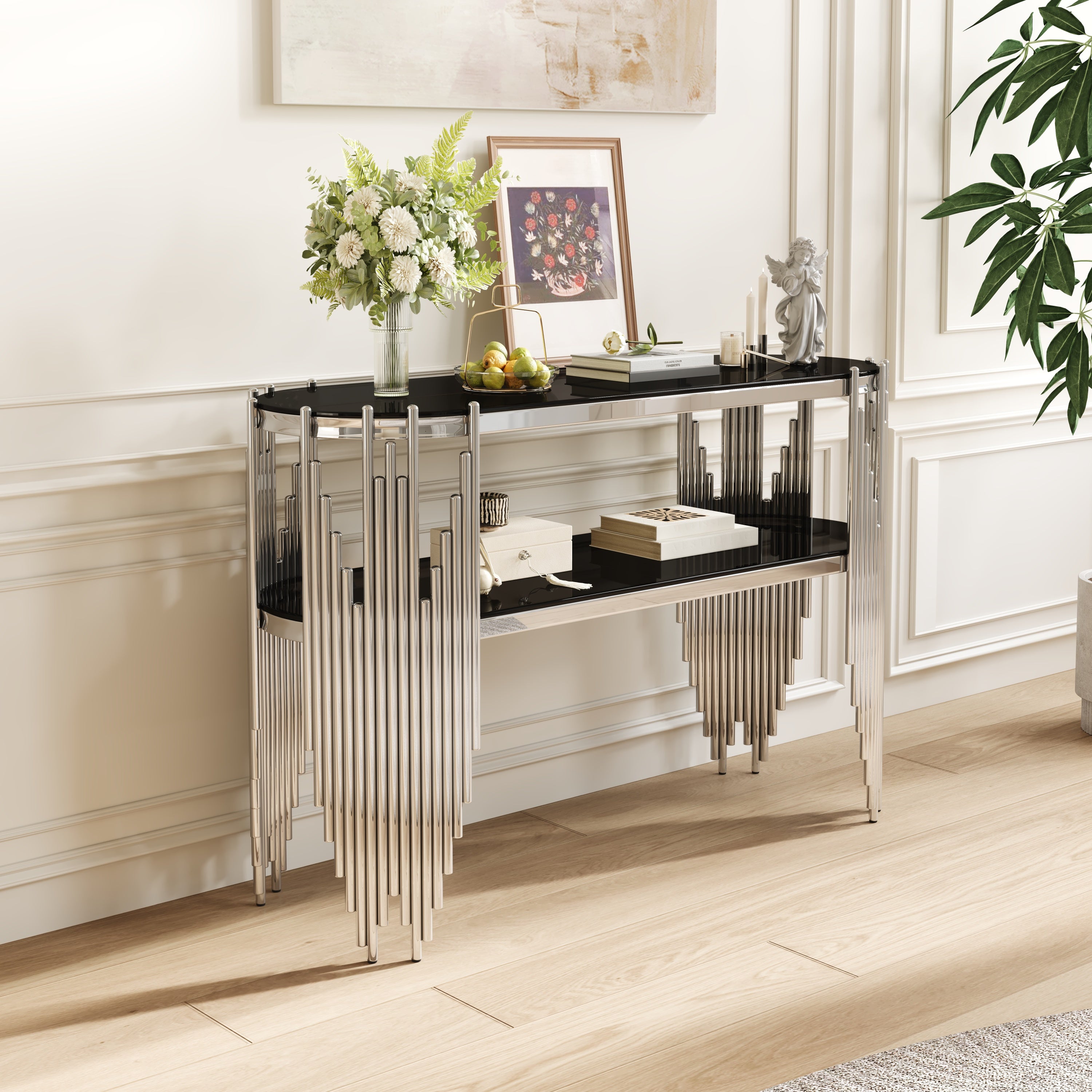 Silver oval console table with black tempered glass shelves — front view