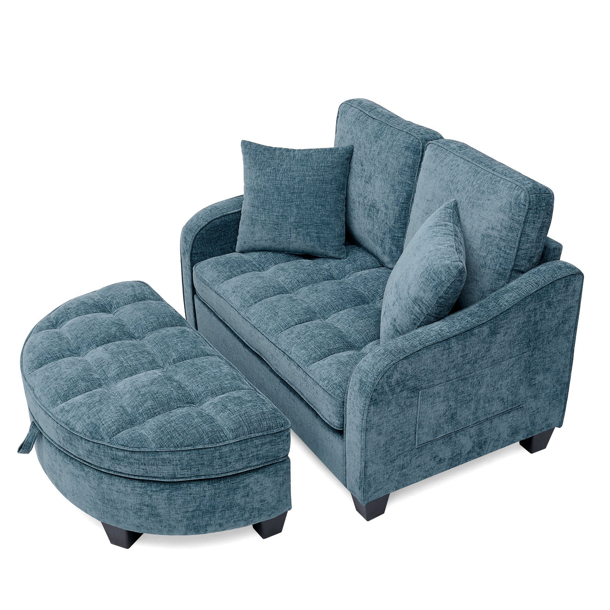 Two-seater sofa, double sofa chaise longue, with irregular armrests and backrests, footrest with storage space, comes with two small throw pillows, suitable for living room and bedroom -Blue