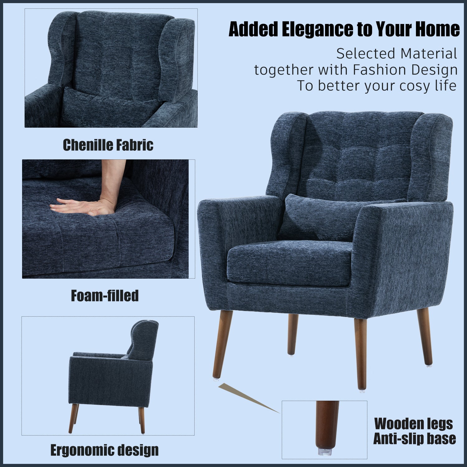 Dark blue accent chair in living room setting