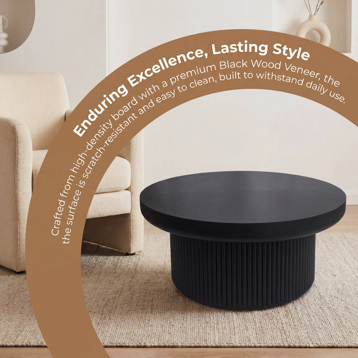 33.5'' Round Fluted Coffee Table with Real Wood Parquet Pattern Top & Cylindrical Base, Thickened Tabletop, Mid-Century Modern Circle Cocktail Table for Living Room, Small Space, Walnut