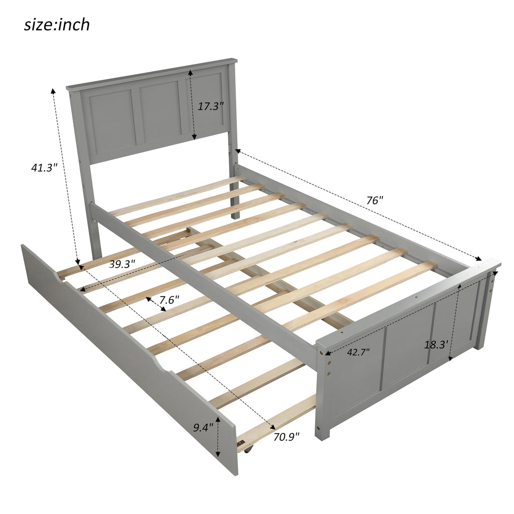 Gray twin bed frame with slat support — angle view