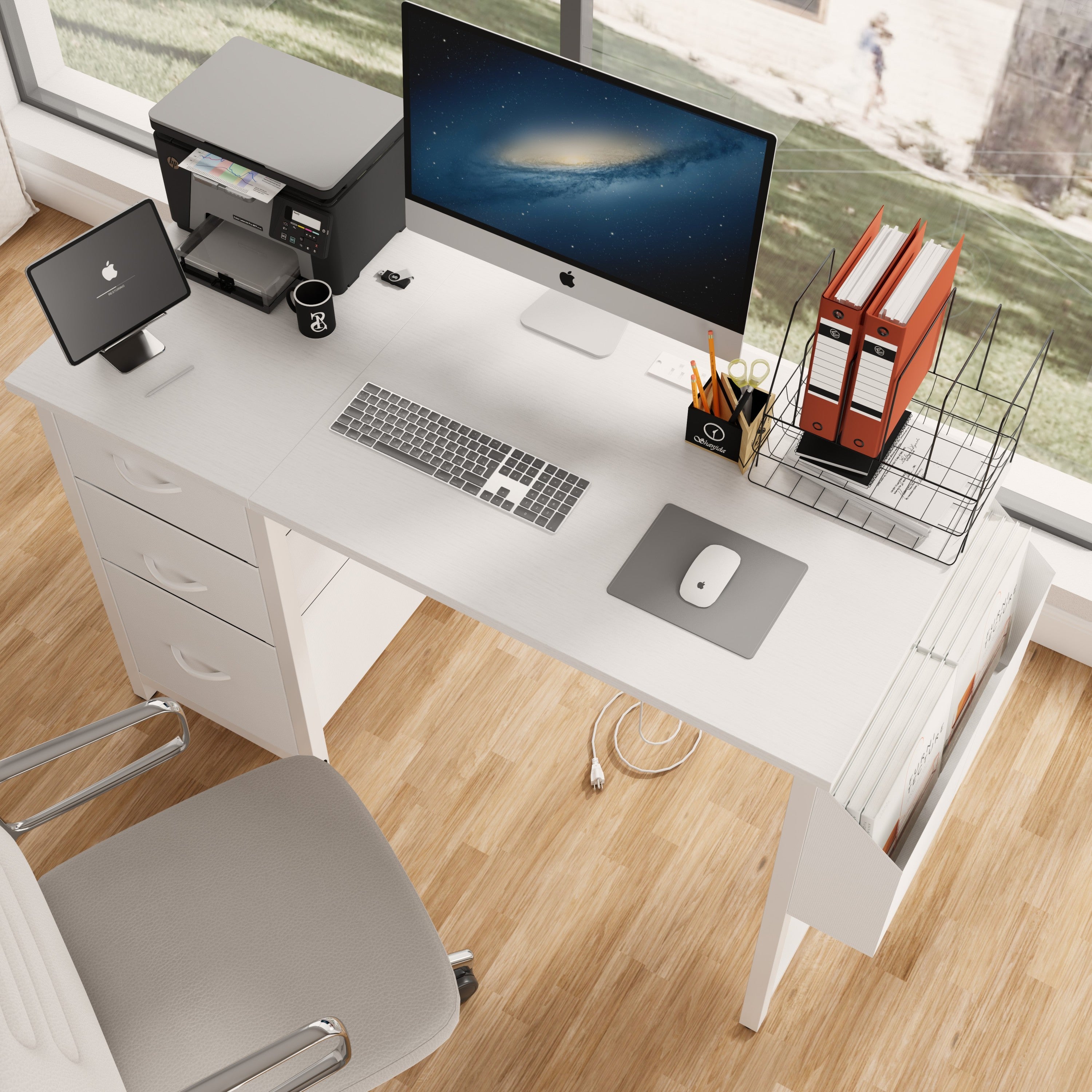 Modern white study desk with USB-C charging hub — angle view