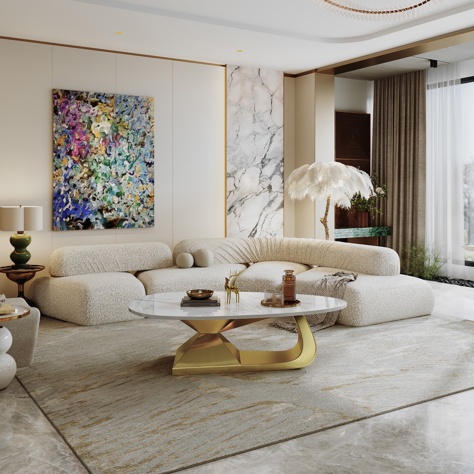 Contemporary 51 inch faux marble center table living room full view