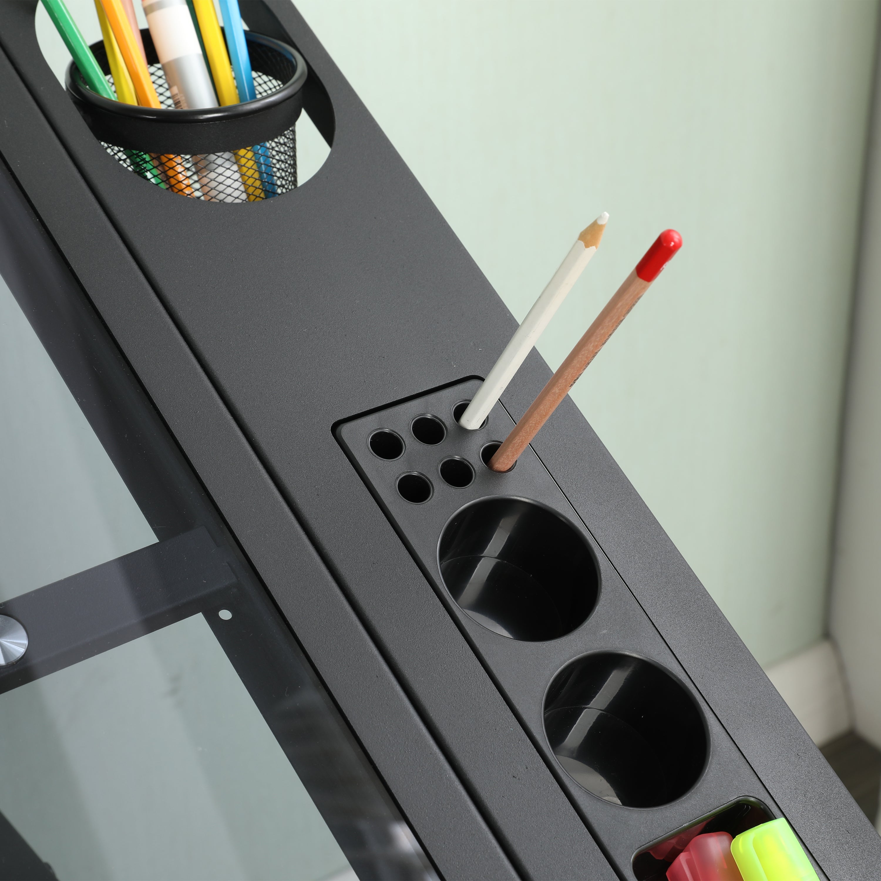 Adjustable Glass Drafting Table with Metal Drawers & Stool