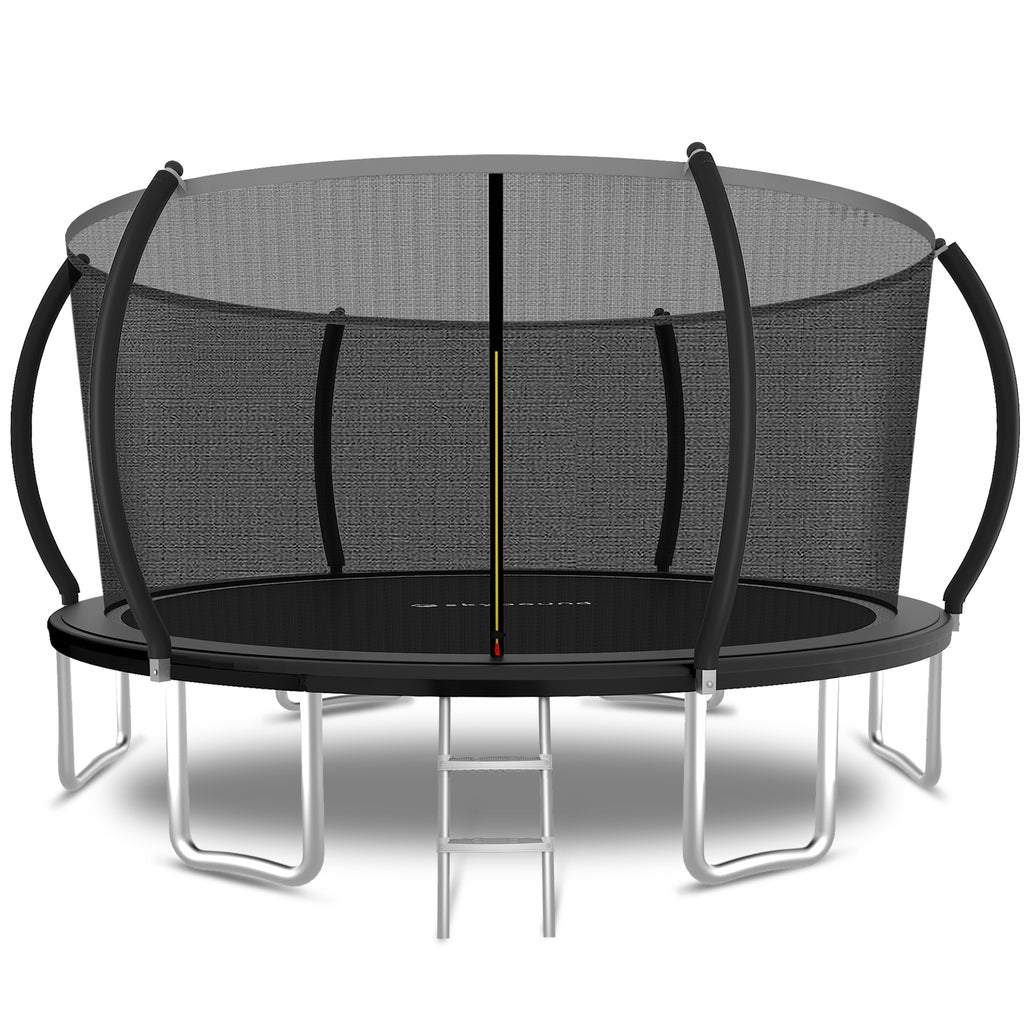 Black 14-foot pumpkin-shaped trampoline with safety enclosure — front view