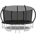 Black 14-foot pumpkin-shaped trampoline with safety enclosure — front view