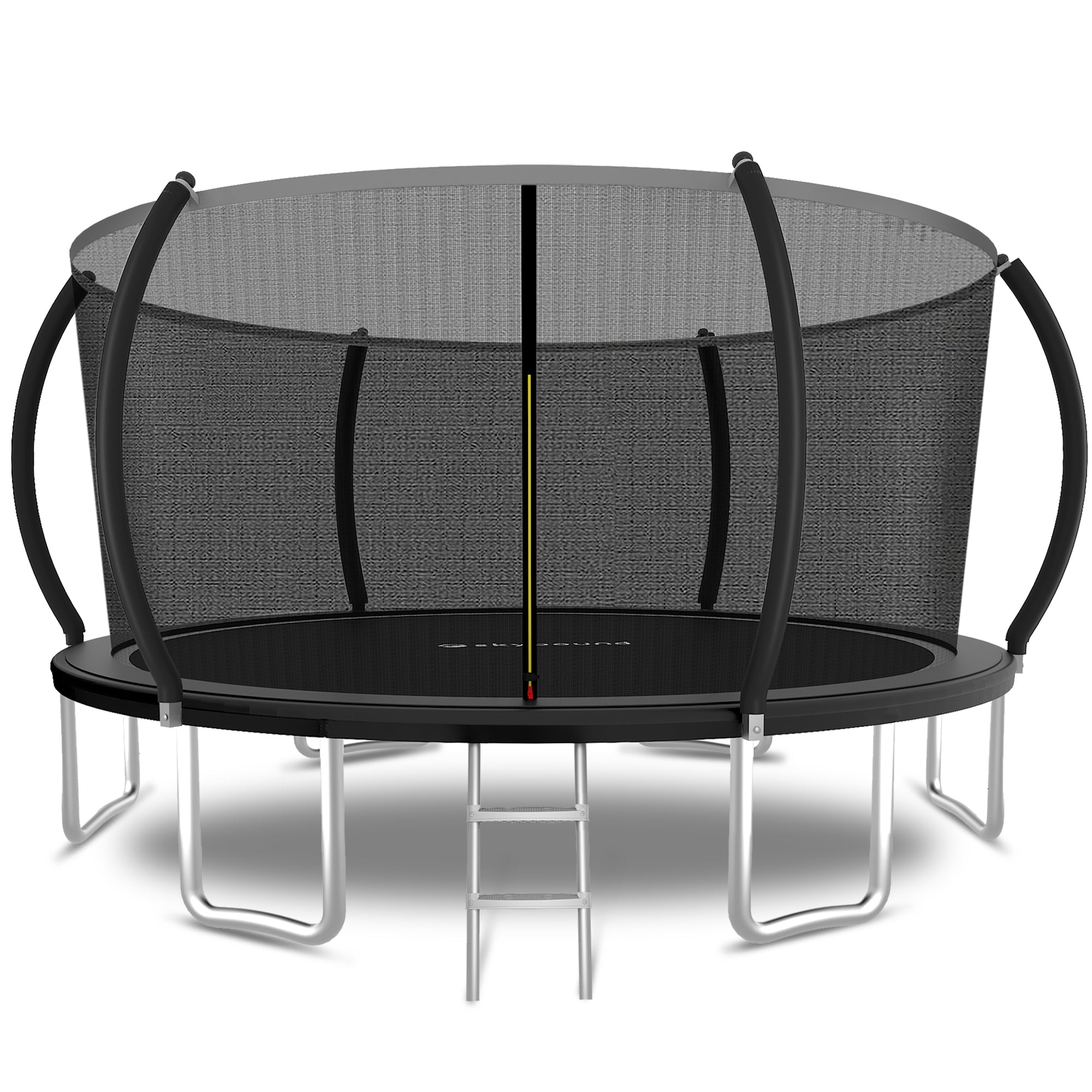 Black 14-foot pumpkin-shaped trampoline with safety enclosure — front view