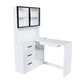 White L-shaped computer desk with glass cabinets — front view