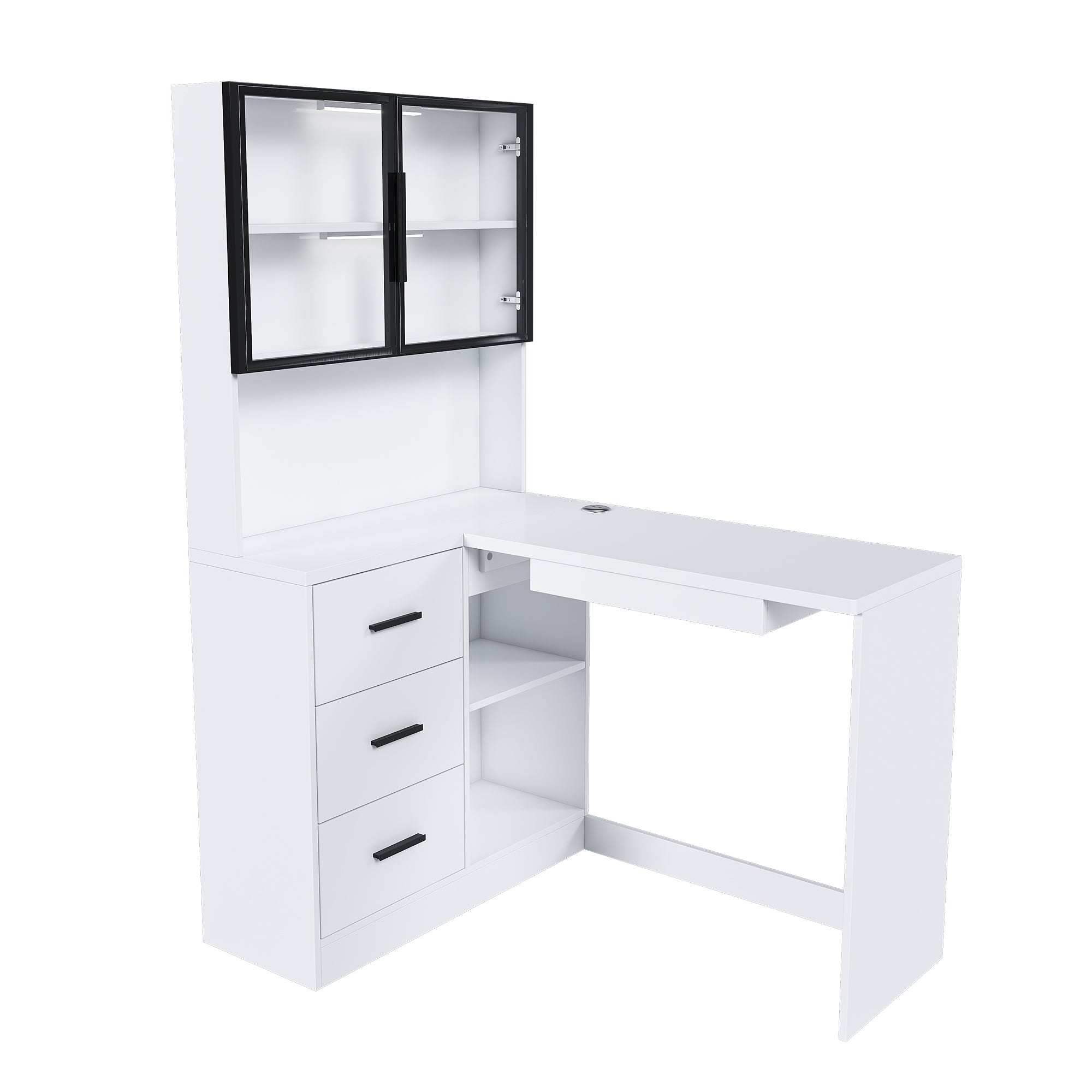White L-shaped computer desk with glass cabinets — front view
