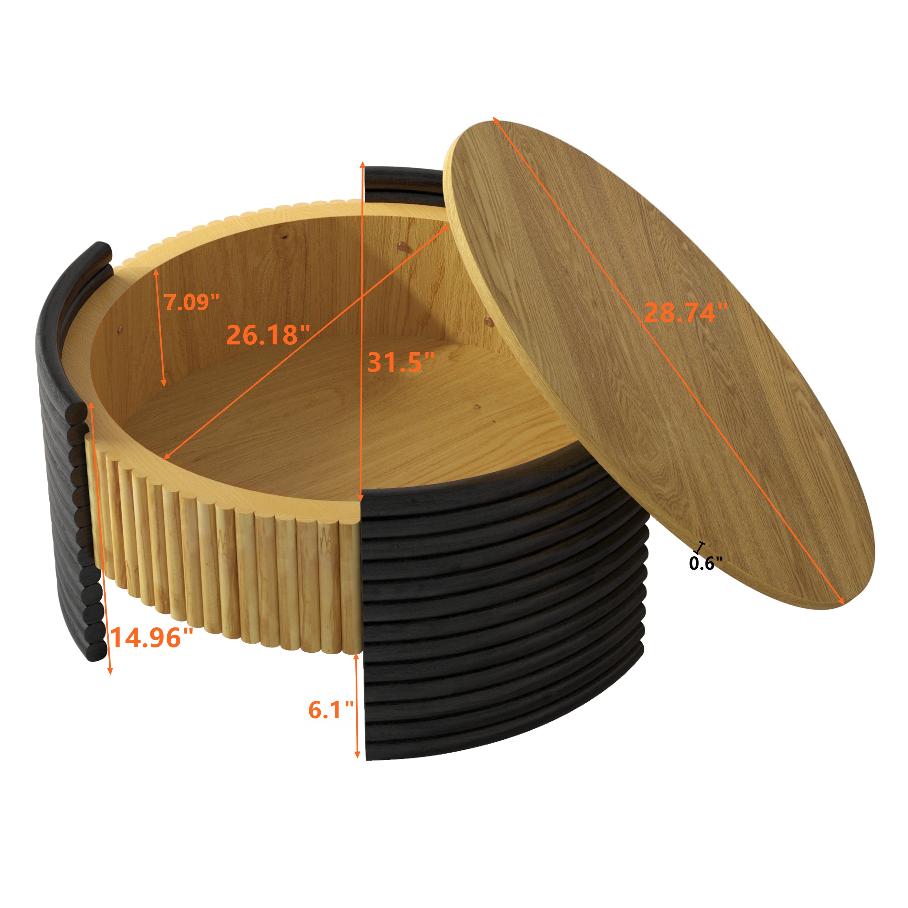 Round coffee table dark brown tabletop with flip-top open storage compartment