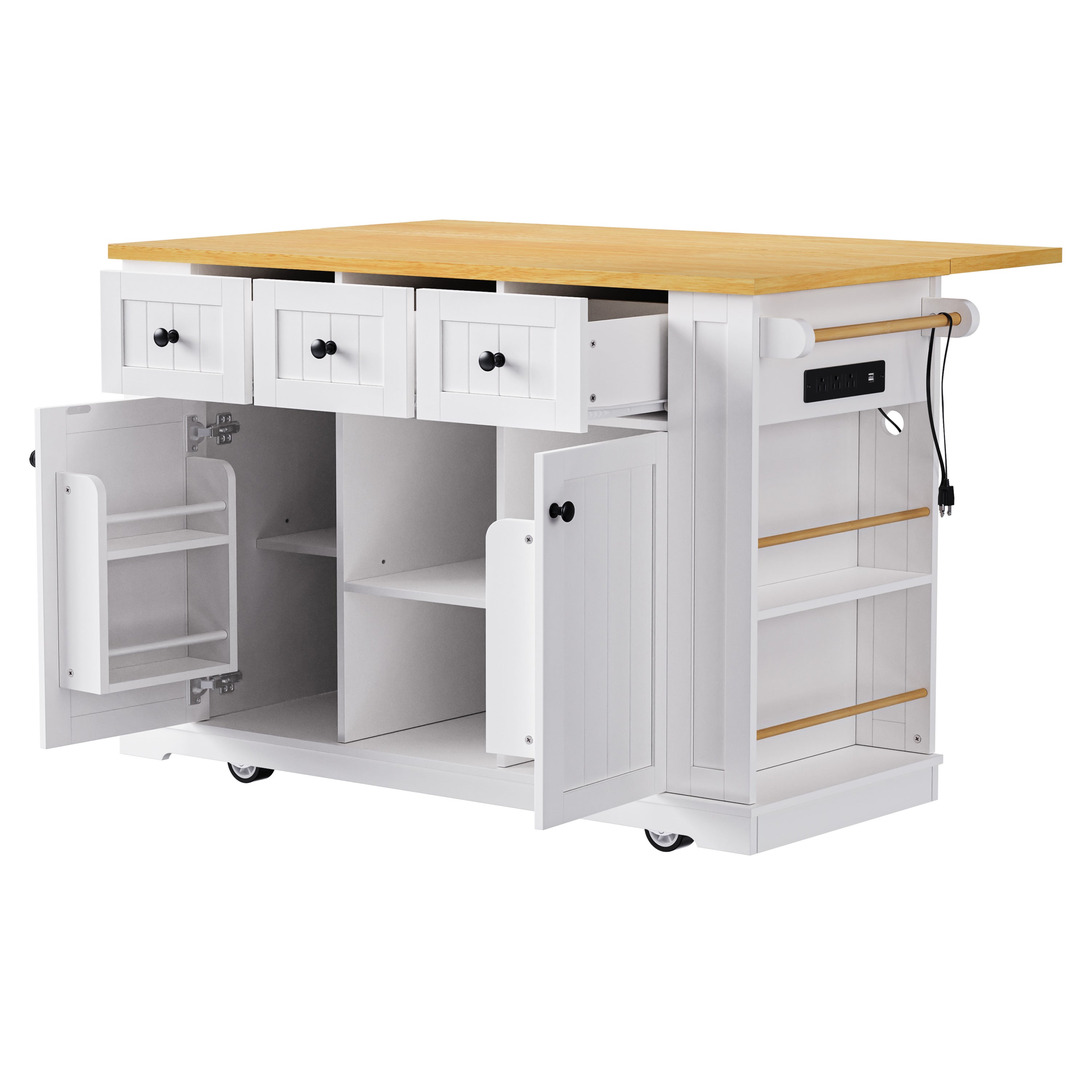 K&K 53inch Large Kitchen Island with Drop Leaf,Power Outlet,Door Internal Storage Rack,Rolling Kitchen Cart on 5 Wheels with 5 Open Side Racks for Kitchen,Black(Two Packages)(Stools not included)