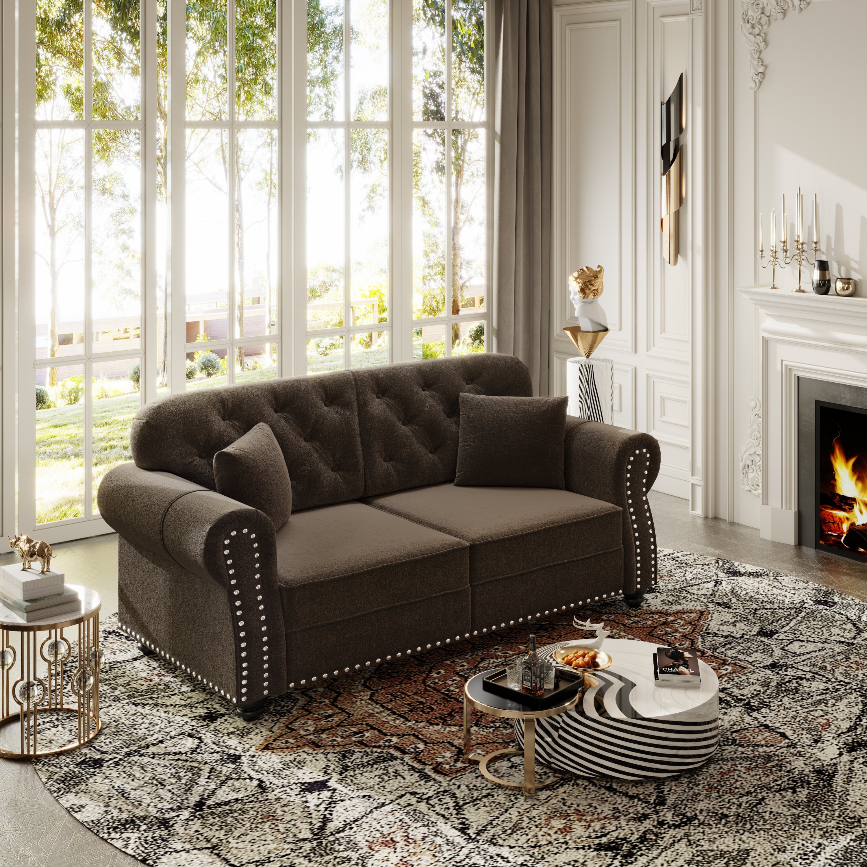 Brown velvet Chesterfield loveseat with nailhead trim — front view