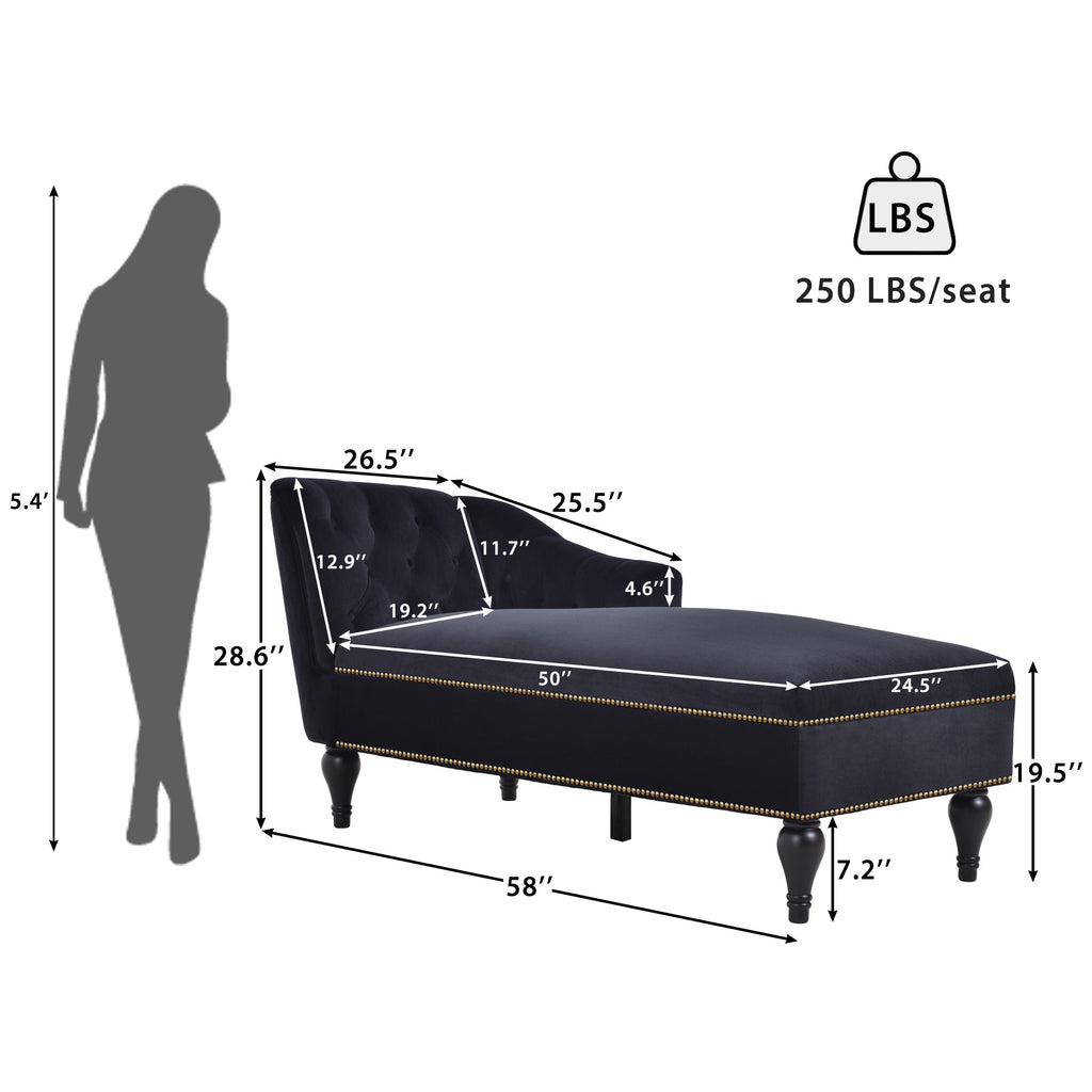 Button-tufted black velvet chaise lounge angle view