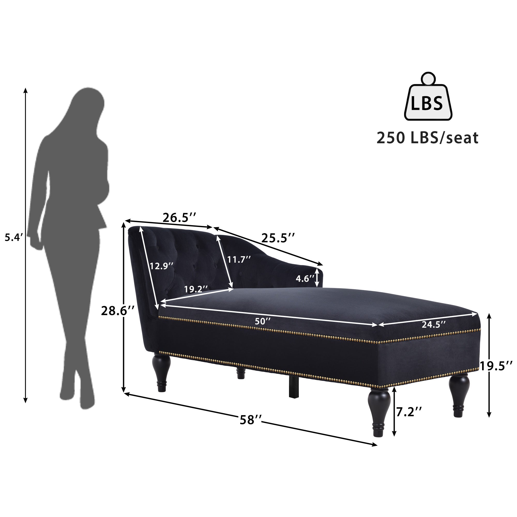Button-tufted black velvet chaise lounge angle view