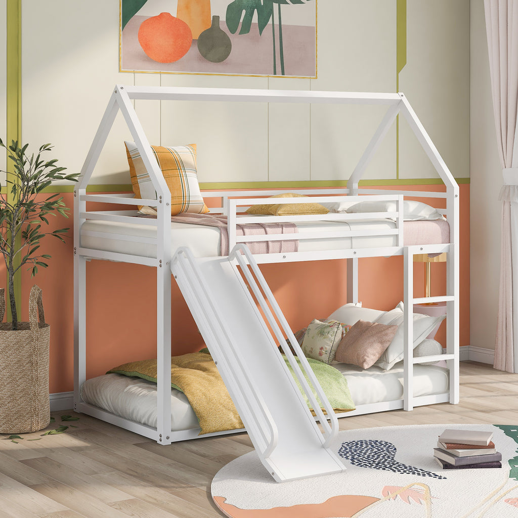 Upper bunk guardrail on white metal house bunk bed
