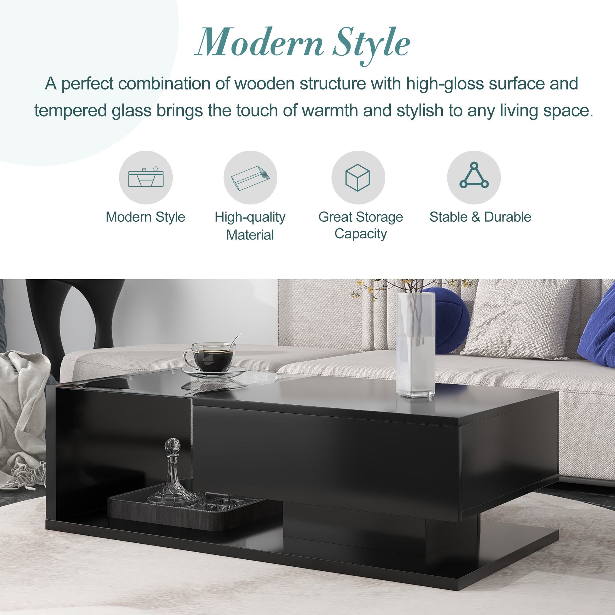 Black rectangle center table living room full view