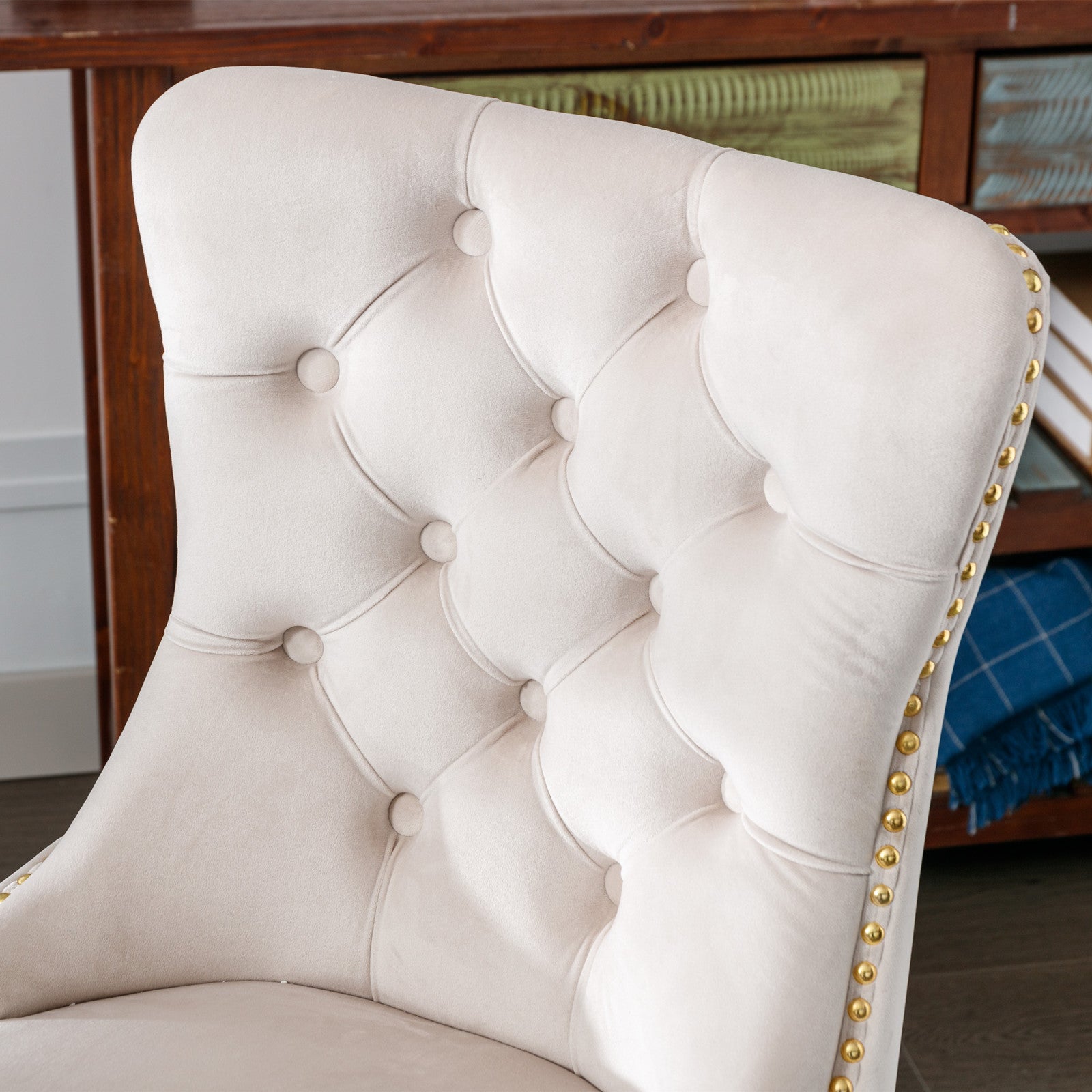 Velvet Office Chair — Button-Tufted with Gold Metal Base & Wheels