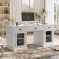 White executive desk with glass door cabinets — front view