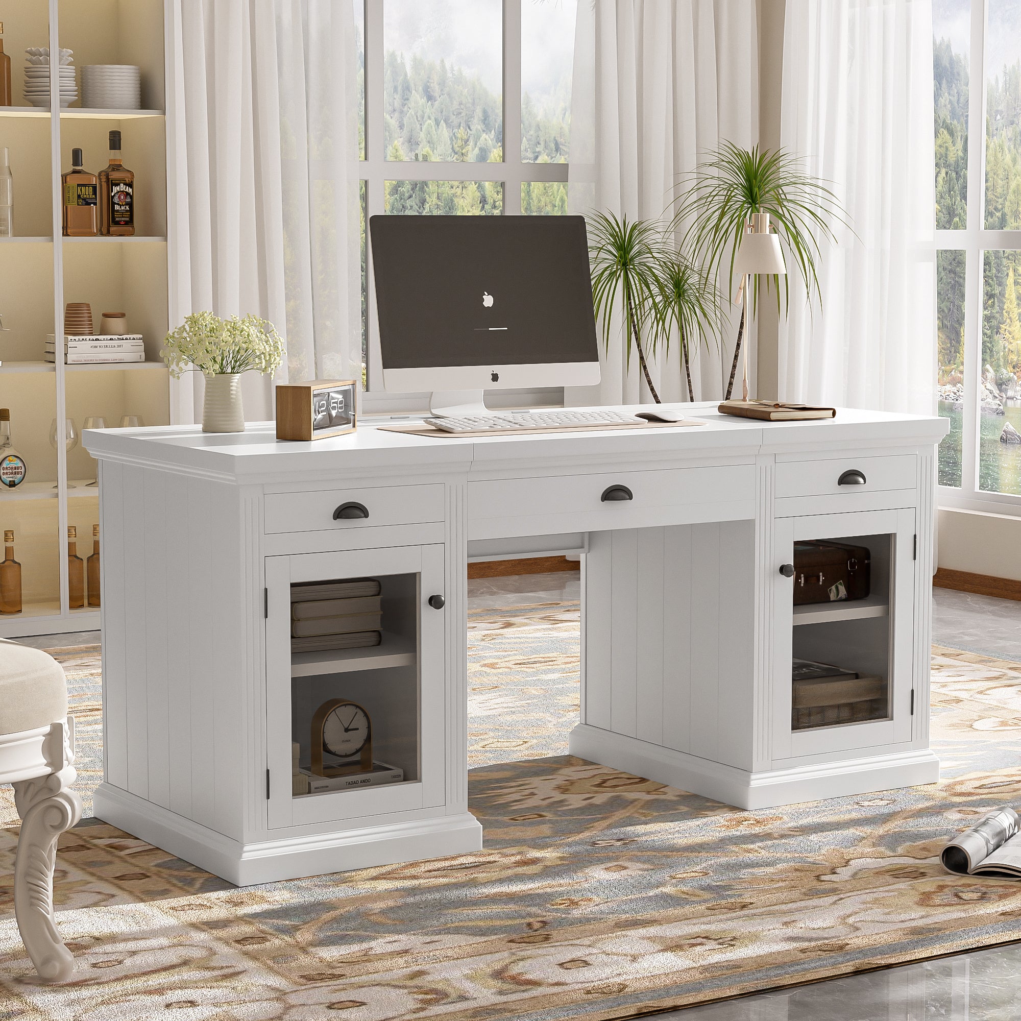 White executive desk with glass door cabinets — front view