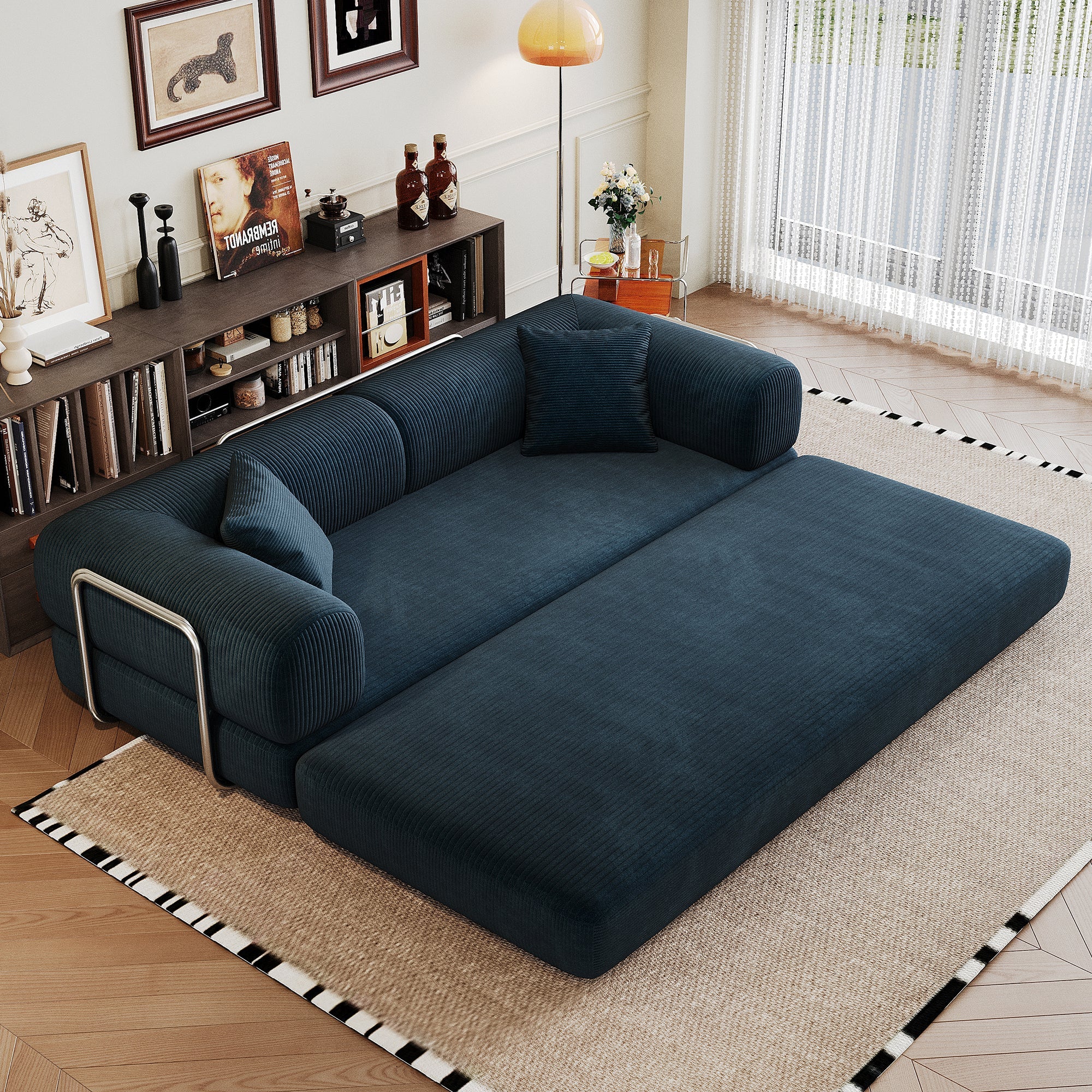 Corduroy Compression Convertible Floor Sofa Bed — Modular Loveseat, 78.8" Wide