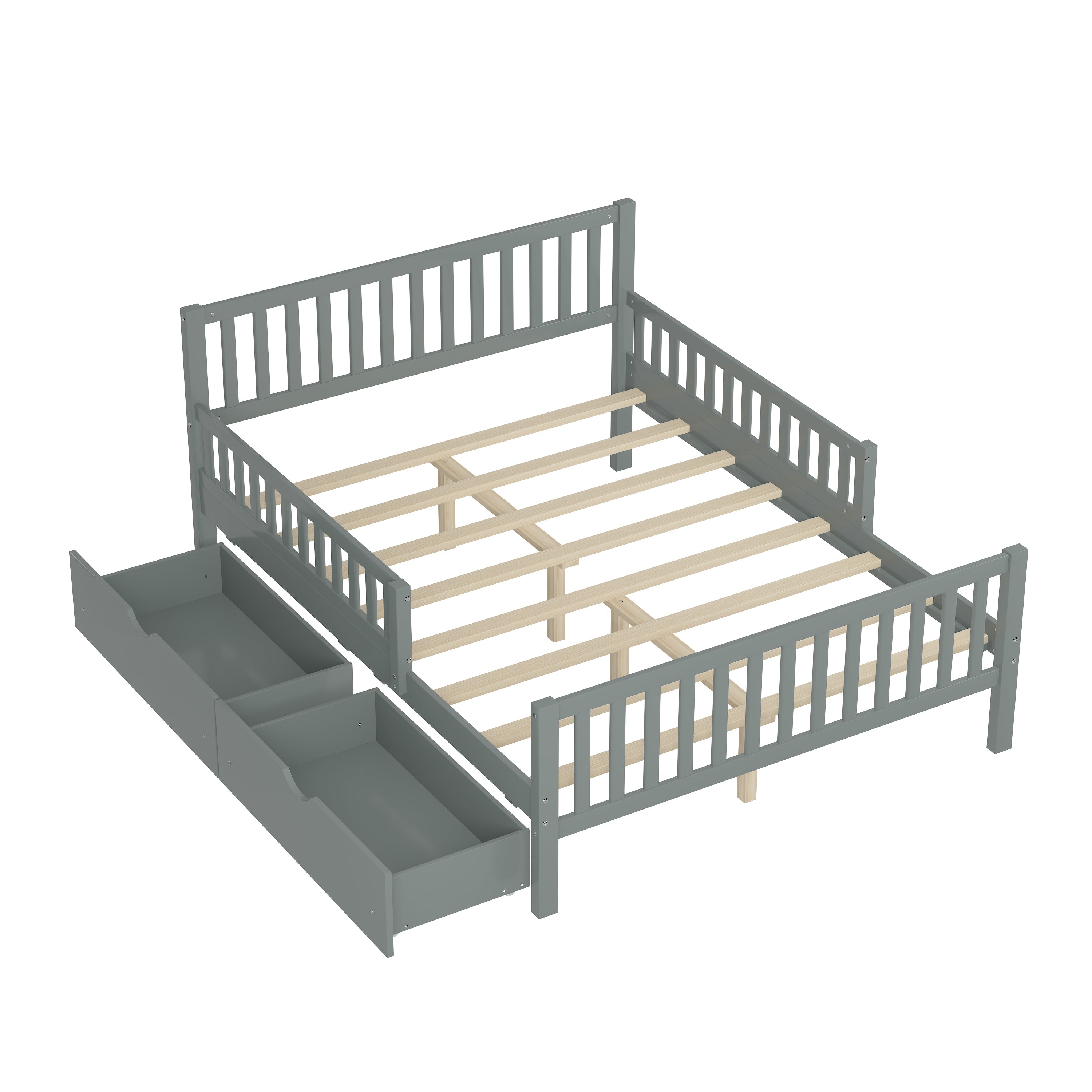 Under-bed storage drawers open — space-saving design
