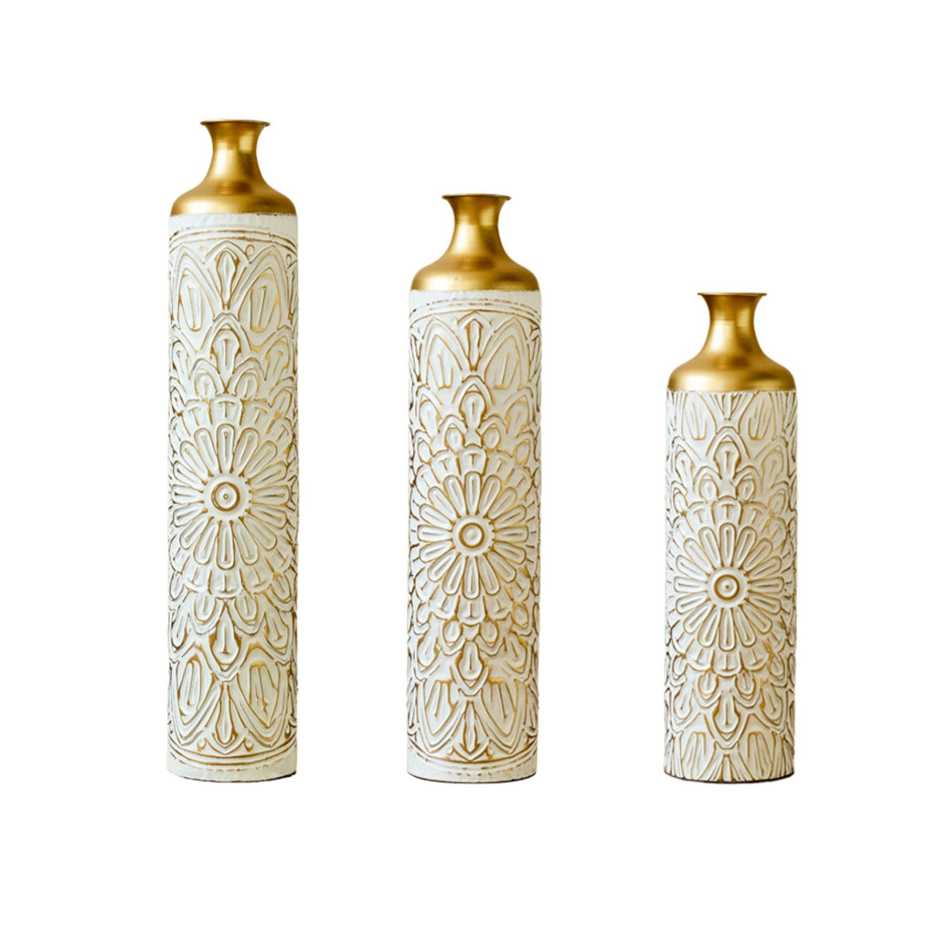 3-piece home decoration large glazed metal vase -- Floor metal vase modern style decoration home droplet shaped white metal vase