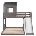 Antique gray twin over full bunk bed with playhouse — front view