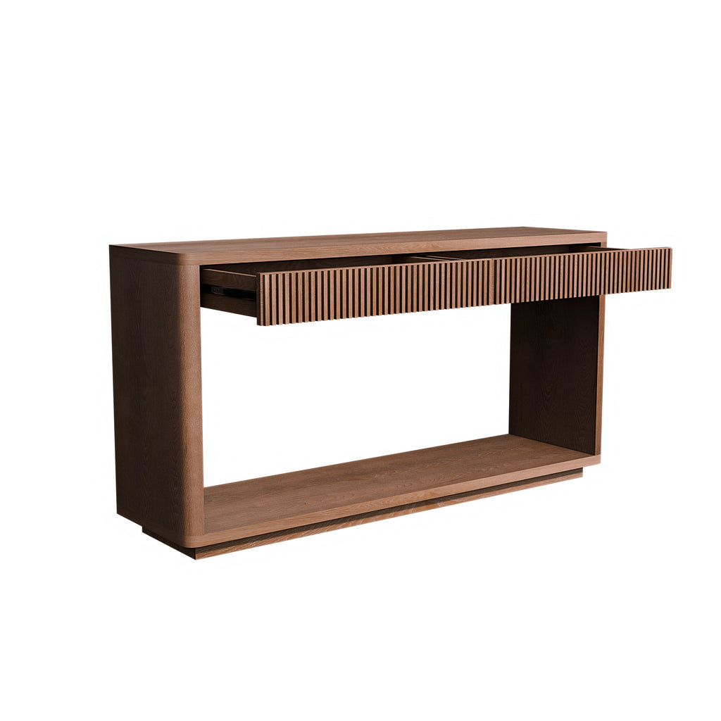 60' Modern 2-Drawer Fluted Console Table Natural Wood Veneer Sofa Table Behind Couch Table for Living Room, Hallway, Entryway, Home Office, Natural Wood