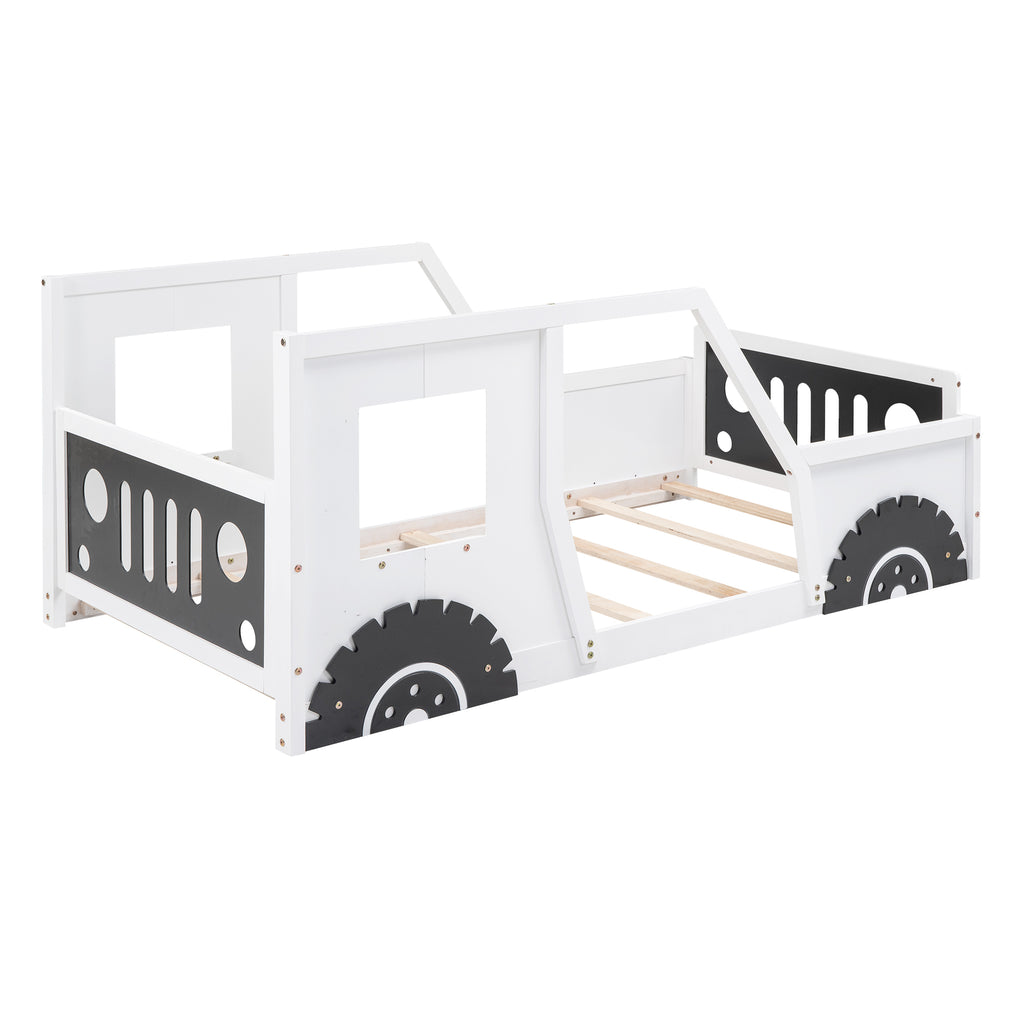 White twin car-shaped platform bed with wheels — front view