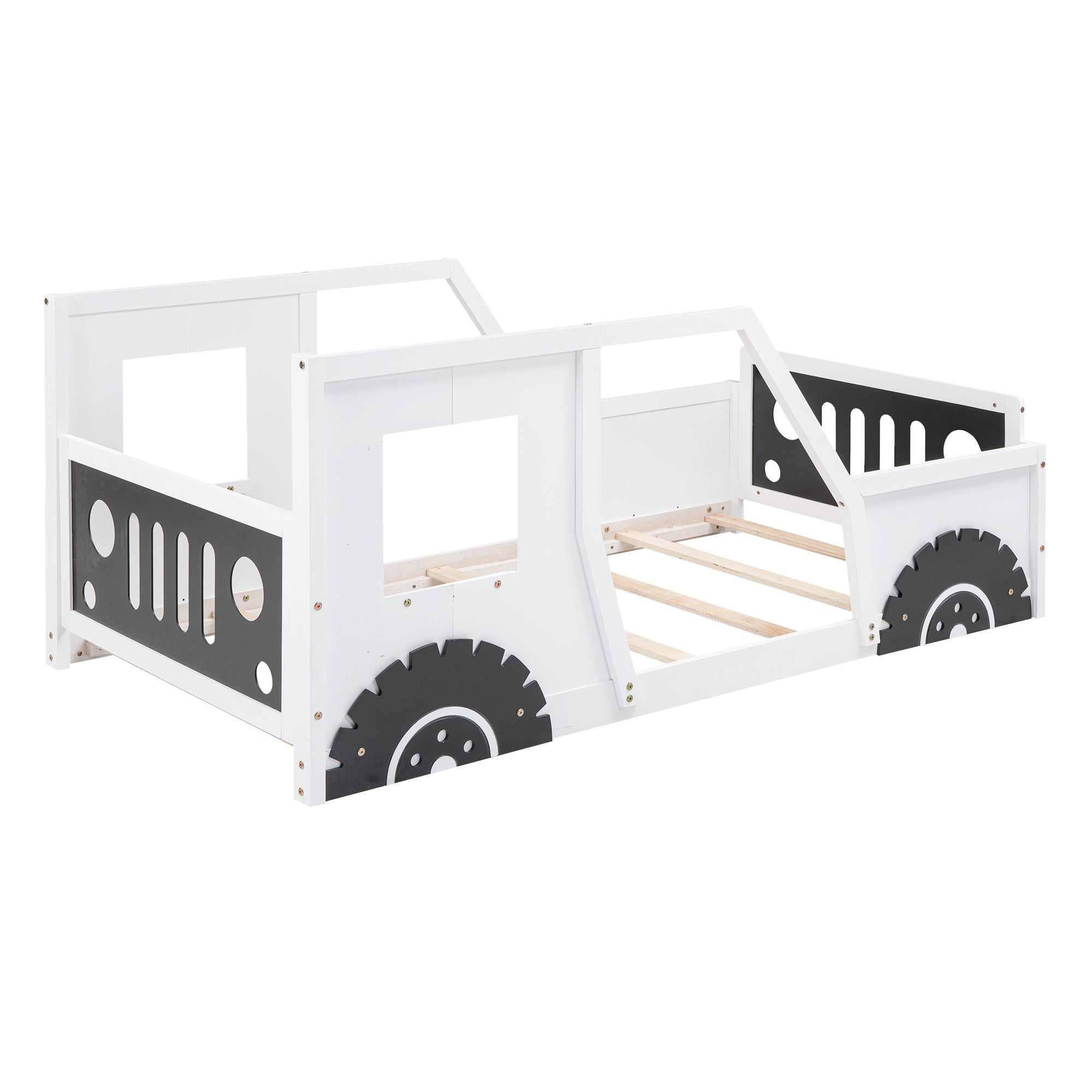 White twin car-shaped platform bed with wheels — front view