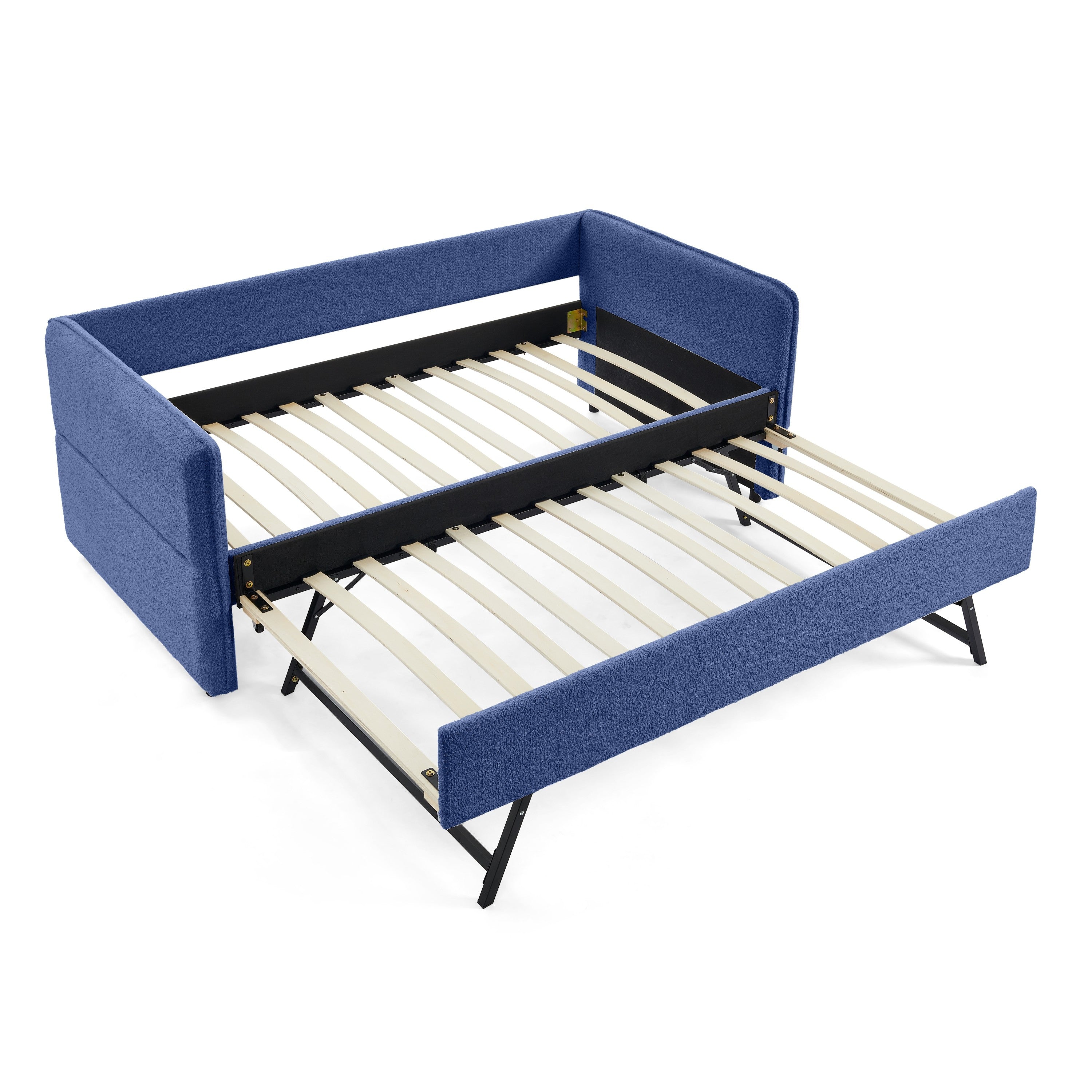 Upholstered Tufted Daybed with Twin Pop-up Trundle in Blue Boucle Fabric, 83''x43''x29.5''