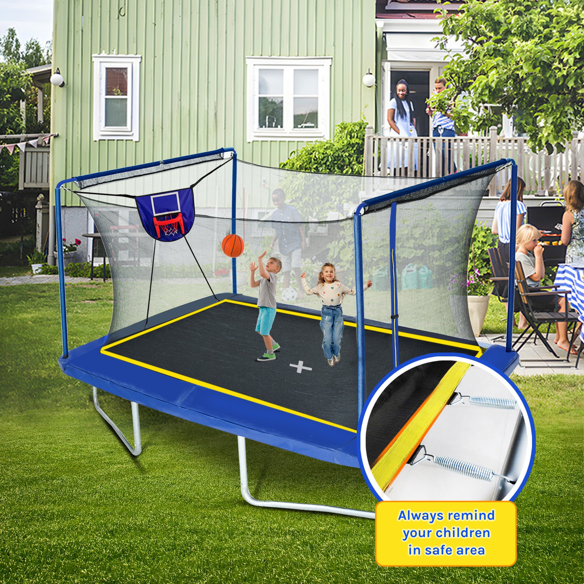 Blue rectangular trampoline full safety net enclosure