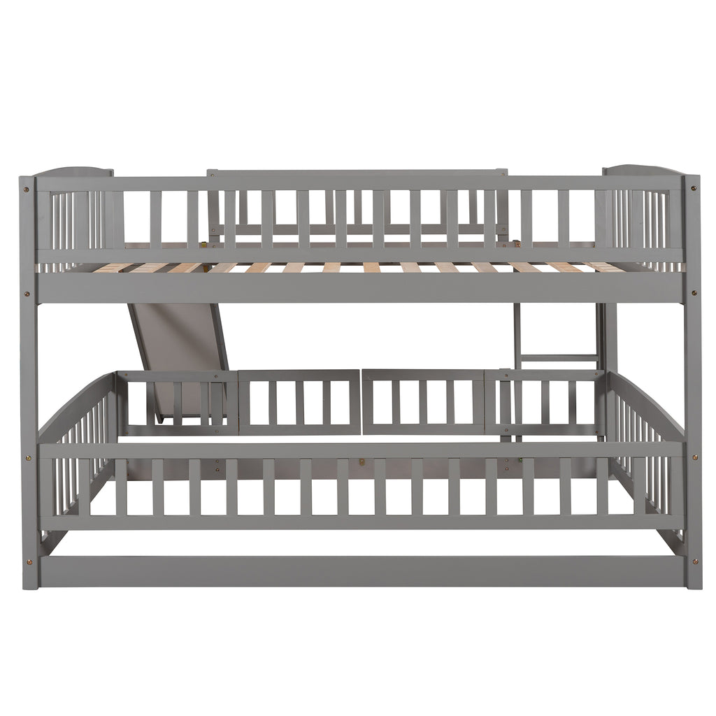 Gray full over full bunk bed with slide fence and ladder — product photo
