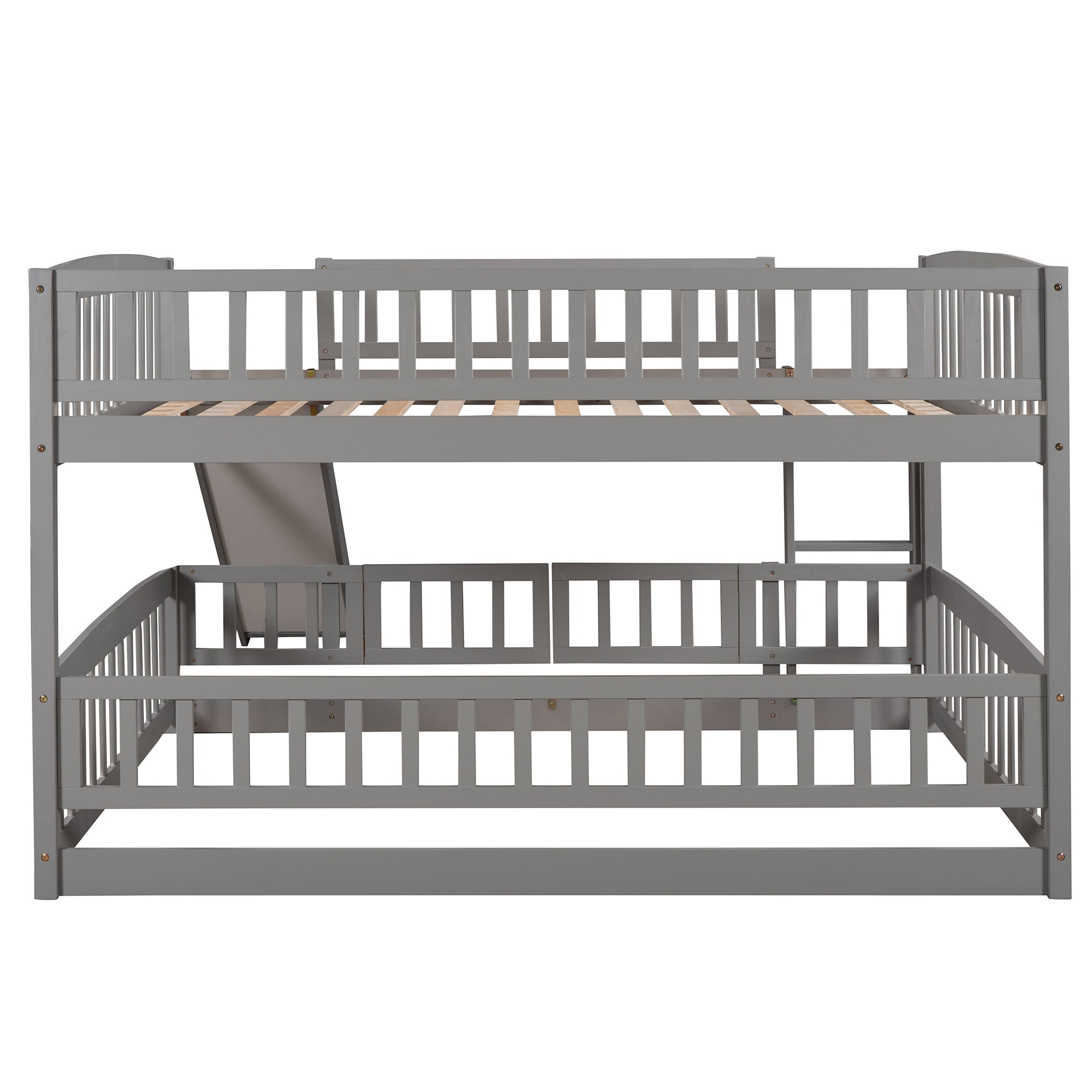 Gray full over full bunk bed with slide fence and ladder — product photo