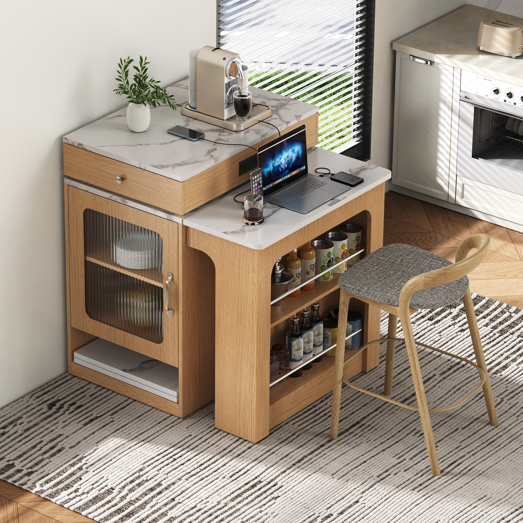 K&K 59.5' Kitchen Island with Extendable Dining Table, Kitchen Storage Table with Double-sided Storage, Kitchen Island with 2 Drawers, Power Outlet, Side Open Shelves, for Kitchen, Dining Room, Black