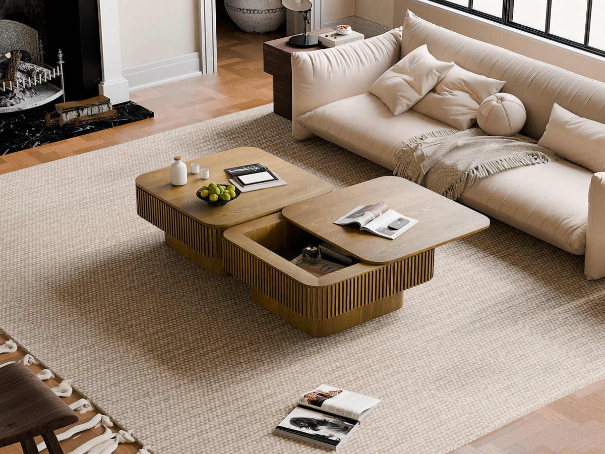 31.5'' Square Coffee Table with Storage Solid Wood Veneered Modern Coffee Table Accent Tea Table for Living Room, Bedroom, Apartment or Office, Natural Wood