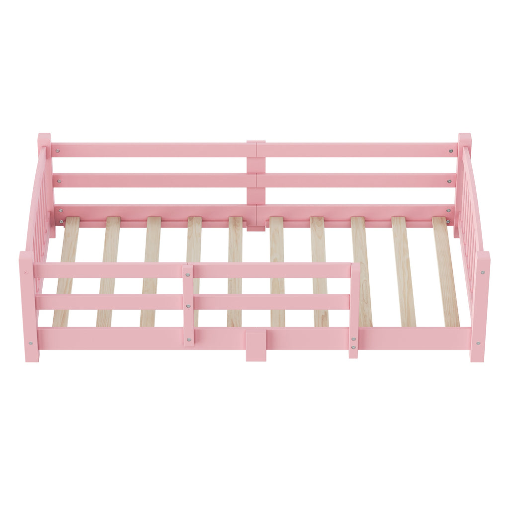Twin Montessori Floor Bed with Slats and Safety Guardrails, Solid Wood Floor Bed with Fence and Without Door, Easy Assemble Montessori Bed for Girls and Boys, Gray