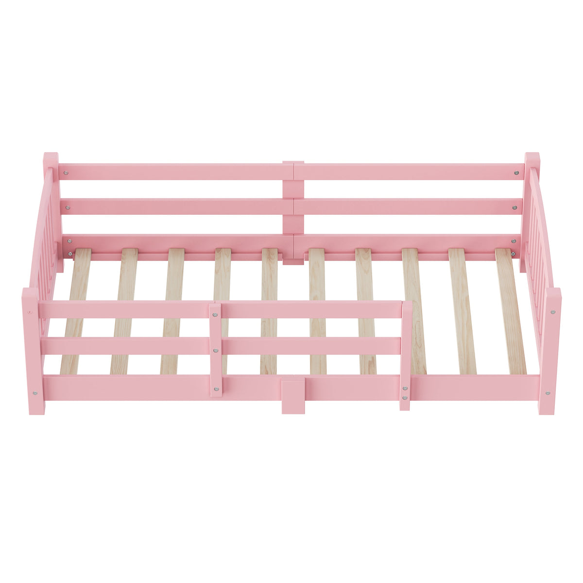 Twin Montessori Floor Bed with Slats and Safety Guardrails, Solid Wood Floor Bed with Fence and Without Door, Easy Assemble Montessori Bed for Girls and Boys, Gray