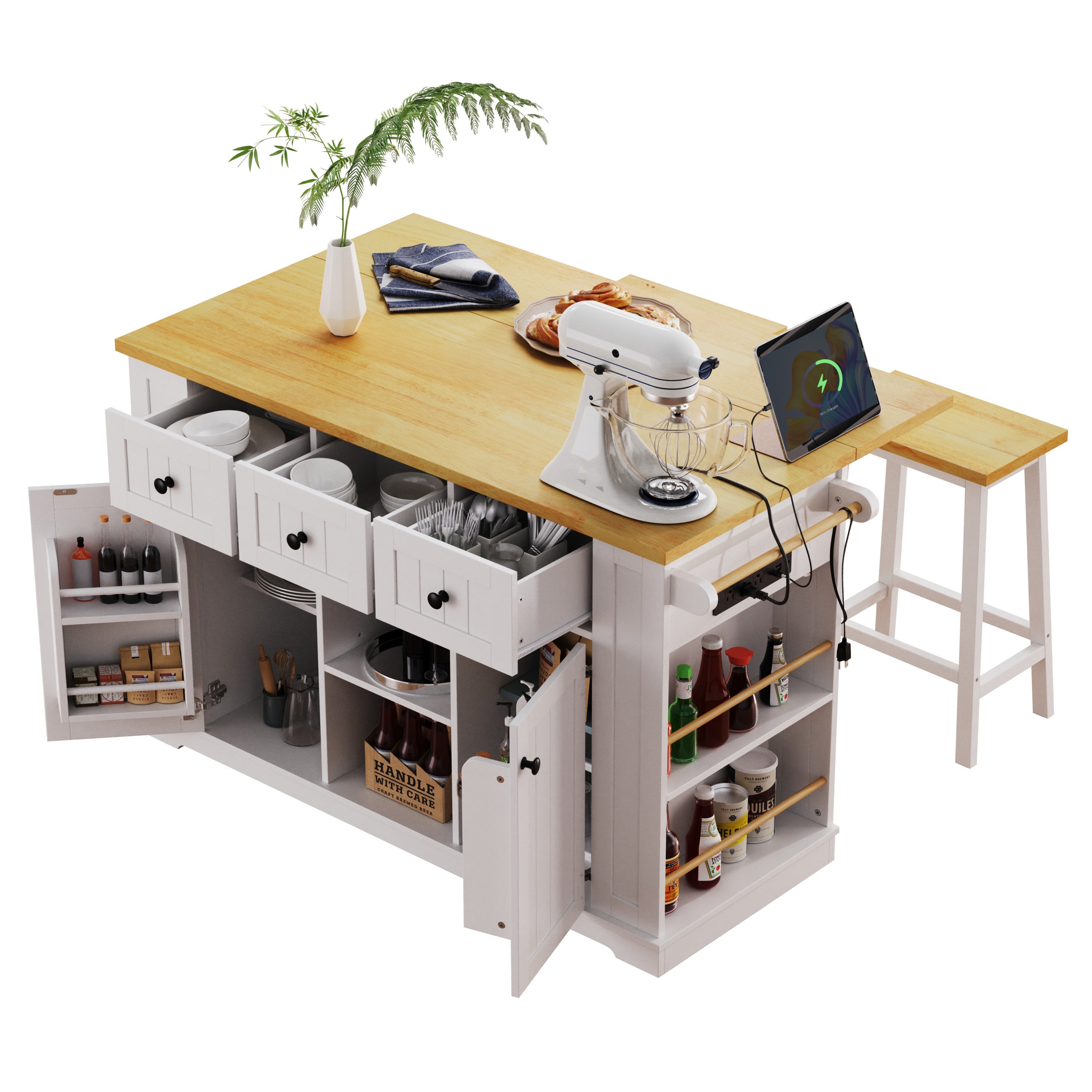 K&K 53inch Large Kitchen Island with Drop Leaf,Power Outlet,Door Internal Storage Rack,Rolling Kitchen Cart on 5 Wheels with 5 Open Side Racks for Kitchen,Black(Two Packages)(Stools not included)
